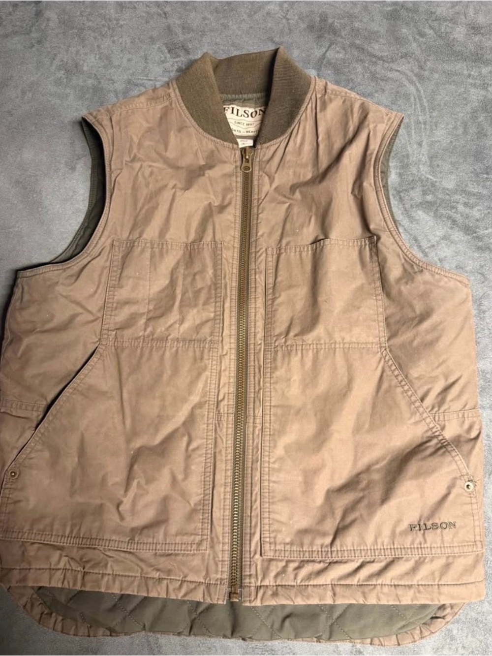 Filson Brown Quilted Men's Work Vest with Zip Front